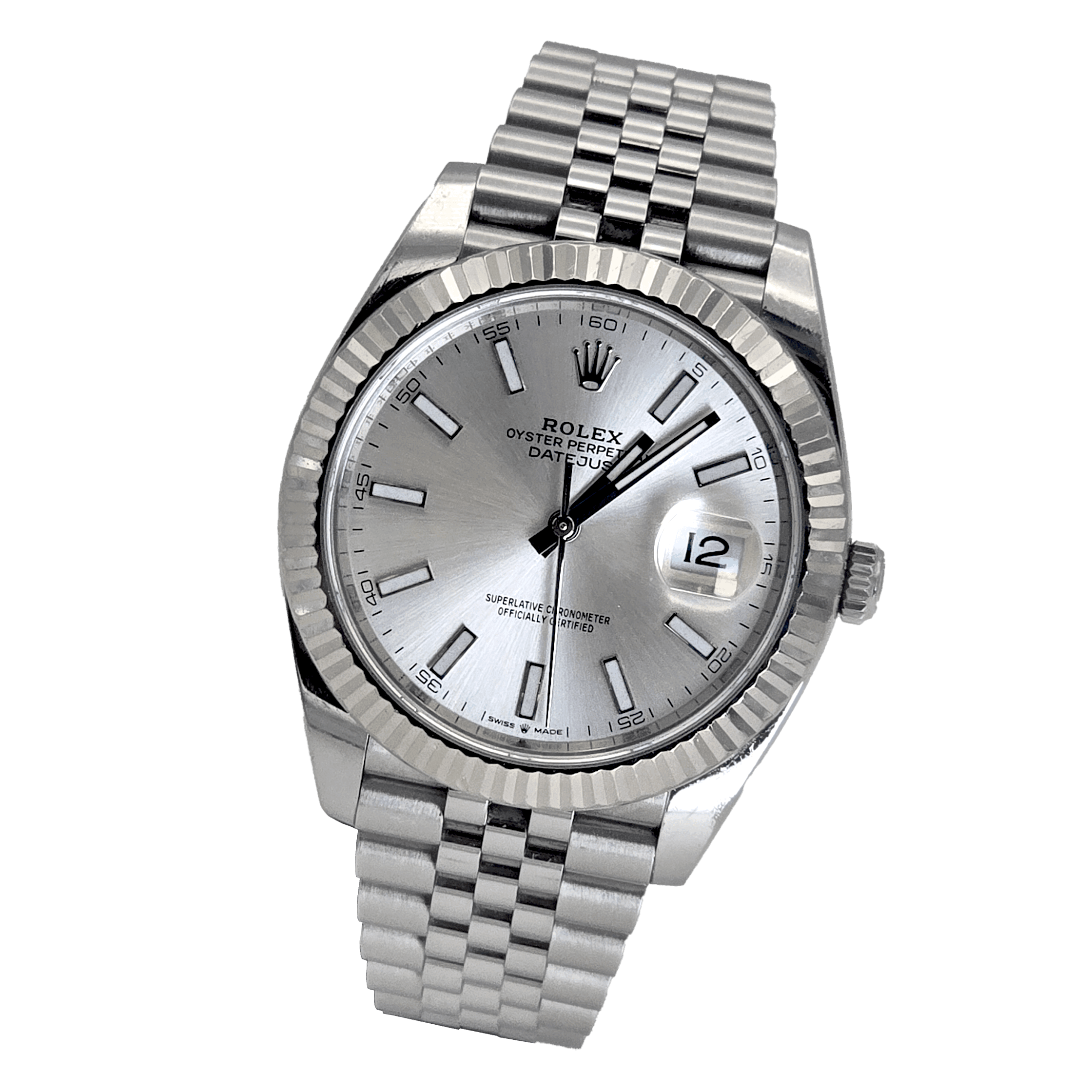 Rolex Datejust 41 Ref. 126334 with sunburst Silver dial and white gold fluted bezel